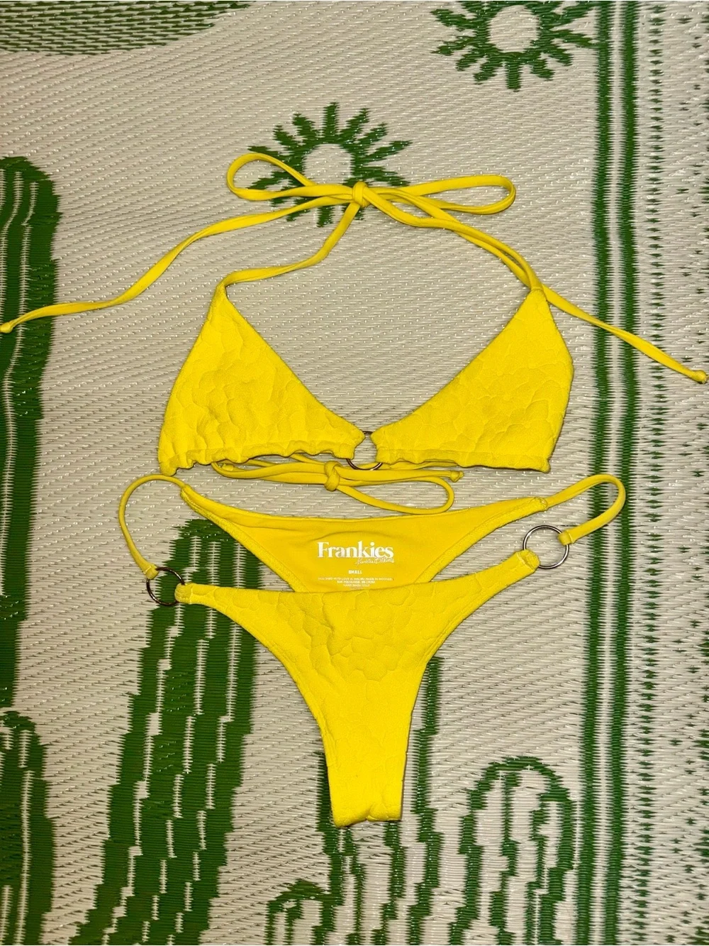 Frankies Bikinis Yellow Flower Embossed Cloth Triangle Bikini TWO DIFF SIZES
